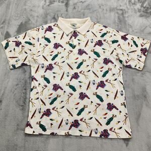 Vintage Authentic Sport Shirt‎ Mens L White All Over Golf Graphic Print Preppy